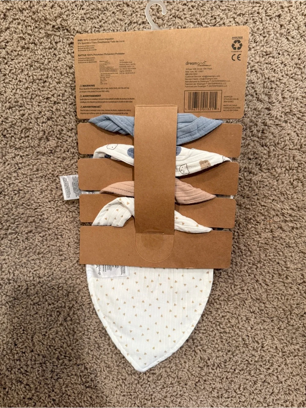 DreamGro 4-Pack Cotton Bandana Bibs & Rattle